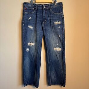 BIG STAR Mens 34 Distressed Blue Denim Jeans Button Fly Straight Leg Faded